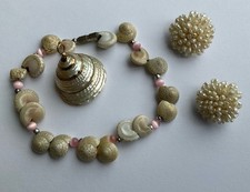 Vintage Seaside Jewellery Set Shell Pendant Shells Bracelet Seed Pearl Earrings