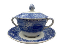 Antique Spode Camilla Copeland Twin Handle Chocolate Cup Lid & Saucer Blue White