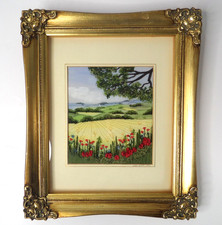 Vintage Jean Wilson 1990 Embroidery Watercolour Landscape Flowers 33x27cm Signed