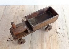 Vintage wooden pull along truck, scratch built toy, homemade naive art, patina