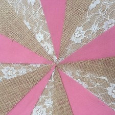 HANDMADE FABRIC AND HESSIAN BUNTING.weddings,Plain colours and lace.DECORATION.