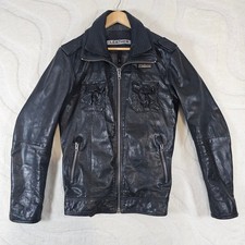 Superdry Ryan Black Leather Jacket Men's Large Biker Style Coat Pockets Zip