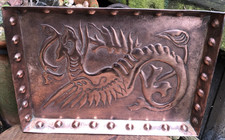 Antique Victorian Arts and Crafts copper dragon tray wyvern Newlyn style plaque