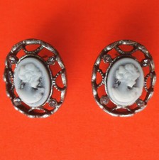Pretty, Oval Grey/Blue Cameo and Crystals Stud Earrings: UK Seller: Victorian