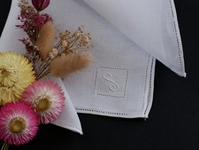 6 unused vintage monogrammed "S" pocket squares Irish linen hankies