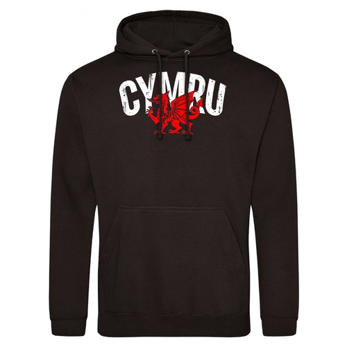 Mens cymru hoodie ddraig - y,