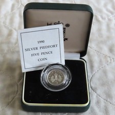 UK 1990 PIEDFORT SILVER PROOF 5 PENCE - boxed/coa