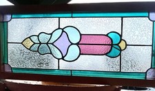 Large Victorian Multicolor Stained  Leaded Glass Transom Window Panel Framed #26