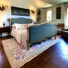 Vintage French Roll End Upholstered Bed Frame