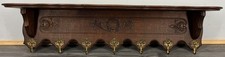 French Vintage Coat Rack Oak 7 Brass Hooks Ornate Wall Shelf Coat LOT 4231