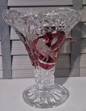 Rare Vintage 1970s Hofbauer BYRDES Cut Crystal Glass Vase 8” Rose Red Two Birds
