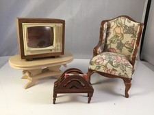 Dolls House Miniature floral wingback chair, magazine rack, TV, side table