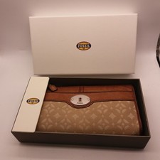 Fossil Brown Tan Leather & Beige Fabric Zip Around Purse Wallet  h16