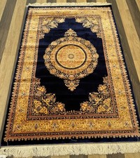 Medallion Carpet 100x150cm | Navy Gold Rug Artificial Silk Oriental Style