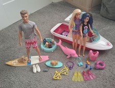 Barbie Dolphin Magic Ocean View Boat Barbie, Skipper, Ken Dolls Surfer Dogs