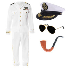 MENS SAILOR CAPTAIN COSTUME OFFICER FANCY DRESS NAUTICAL SUIT HAT GLASSES GLOVES