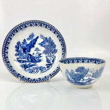 A rare New Hall tea bowl and saucer printed in the Gazebo pattern c1785