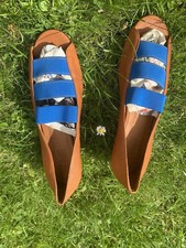 Beautiful Very Comfortable Toast Tan Leather Shoes with Blue Elastic Straps 7 40