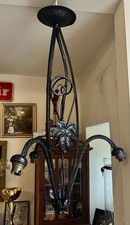 Vintage French Black Wrought Iron Art Deco Chandelier 1920s Ceiling Light Muller