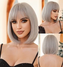 Cosplay Wigs With Bangs Soft Halloween Bob Straight Heat Resistant Hair Grey