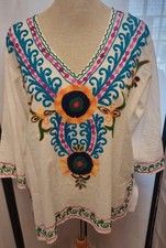 Mexican Embroidery Huipil White 100% Cotton Boho Blouse 3/4 Sleeve Floral 46" Ch