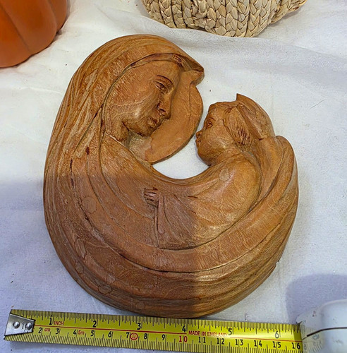 Wood carved madonna child - &,