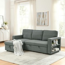 3 Seaters Linen Pull-Out Reversible Chaise Sofa Bed Couch with Storage Lounge UK