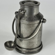 Vintage French Kitchen Tiny Milk Pail with Hanging Spoon, Stamped Pewter On Base