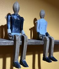 2 Antique Wooden Folk Art Jointed Shelf Sitters Hand Carved Wood Decor Whirligig