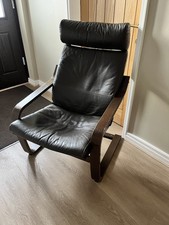 IKEA Poang Chair; Leather Cushions - Dark Brown Leather - Used, some wear