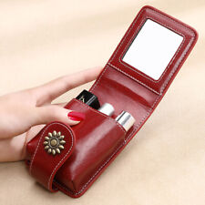 Women Real Leather Mini Make Up Case Bag Mirror Button Portable Lipstick Cover