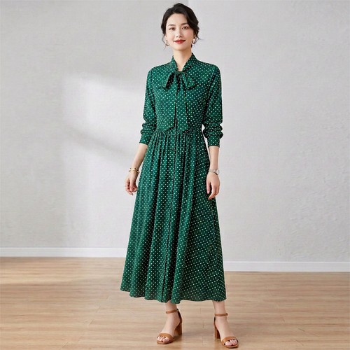 Green polka dot collared long - dot,