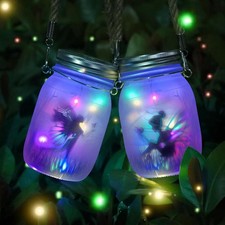 MLOQI 2 Pack Solar Fairy Garden Lights Mason Jar LED Lanterns Outdoor Multicolor