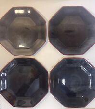 4 X VINTAGE BLACK ARCOROC FRENCH OCTAGON GLASS DINNER PLATES RARE RED RIM 24.5CM