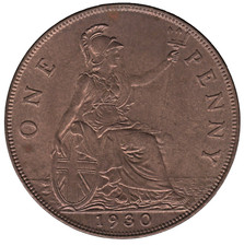 1930 British George V One Penny Coin 5+C