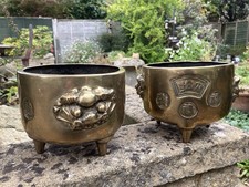 Antique Pair Chinese Polished Bronze Tripod Censer Incense Burners Qing Dynasty