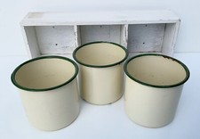 Vintage Enamel Cream and Green Kitchen Shelf Herb Pots in Wooden Stand.