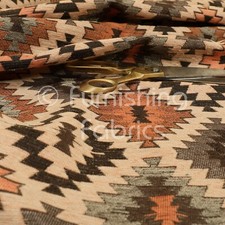 New Aztec Medallion Geometric Pattern In Orange Brown Chenille Furnishing Fabric