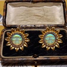 Vintage Art Deco Vintage Style Seaview Moon Face Sun Flower Gold STUDS Earrings