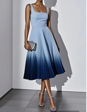 Light Blue Ombre Pleated Classic Square Neck Sleeveless A-Line Midi Dress
