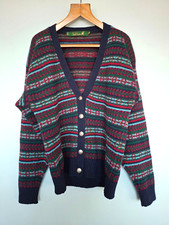 Vintage TULCHAN FAIR ISLE CARDIGAN 100% Wool Navy Multicolour VGC size 42 / 14