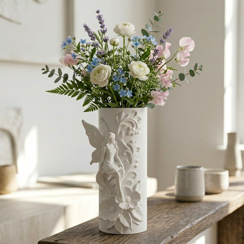 White ceramic cylinder flower - ceramic,
