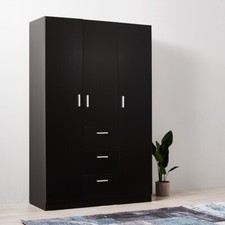 3 Door triple Wardrobe 3 Drawers Black - Bedroom Furniture Storage Cupboard