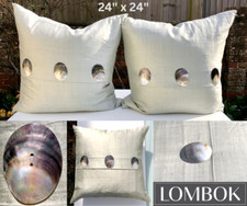 LOMBOK Cushions x2: LIGHT SAGE GREEN 100% Silk & SHELLS, Feather Fill 24” x 24”