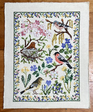 Vintage Cross Stitch Embroidery Sampler Picture, Birds & Flowers, Board Backing