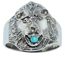 Men Sterling Silver Lion head ring with Blue Turquoise Gemstone, Chunky 925 Band