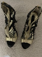 KELSEY Size 5 Open Toe Shoe With 4” Heel Black Patent Gold Trim, Zip Heal BNWOT