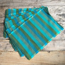 6 x Vintage Striped Woven Fabric Placemats. Green/ Blue 1970s