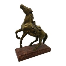 Large Antique Rearing Brass Horse Marble Stand Military Mantle Piece Ornament