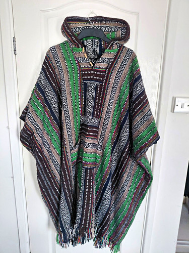 Hooded striped cotton poncho - hooded,